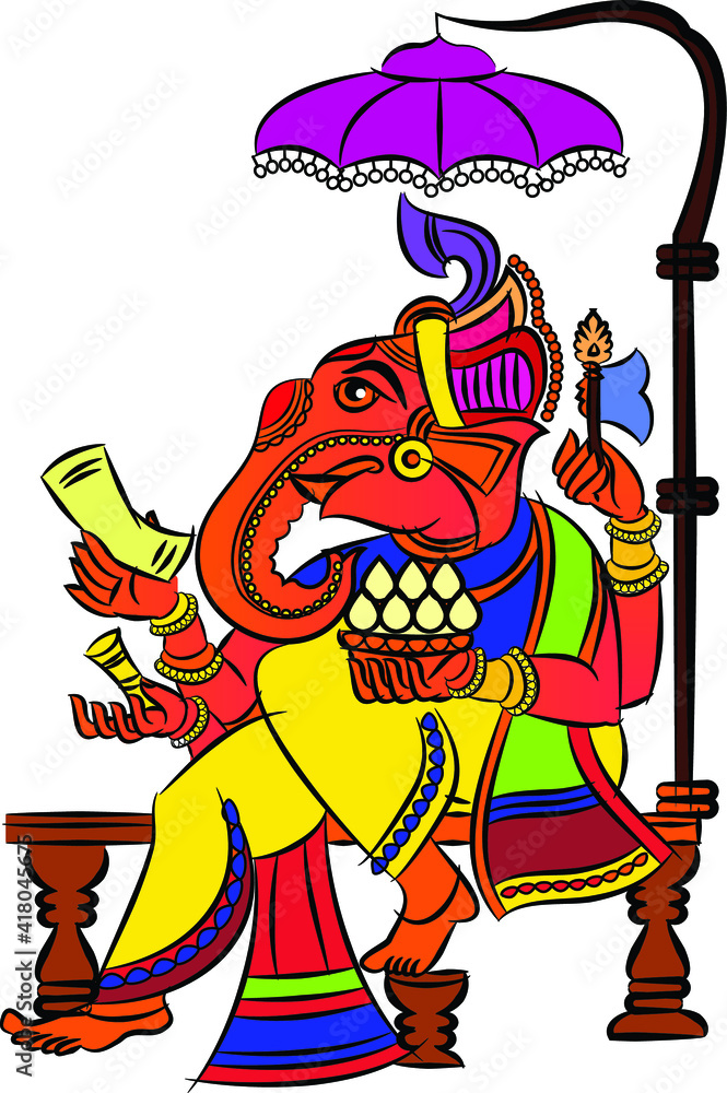Illustration of Lord Ganpati/Ganesha drawn in Pinguli folk art style of Maharashtra India. for textile printing, logo, wallpaper