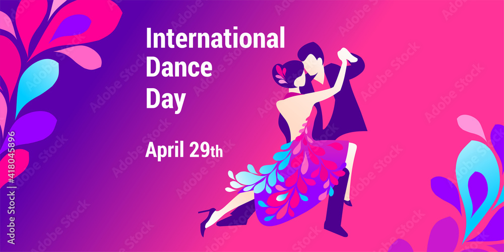 International dance day. Vector banner, poster, flyer, greeting card for social media with the text International dance day April 29 th. An illustration of a beautiful dancing couple. International dance day. Vector banner, poster, flyer, greeting card for social media with the text International dance day April 29 th. An illustration of a beautiful dancing couple.