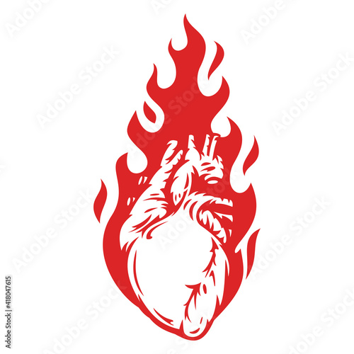 Hand drawn concept composition with human heart and fire on white background in vintage cartoon style. Modern design for print, cover, card. Vector illustration.
