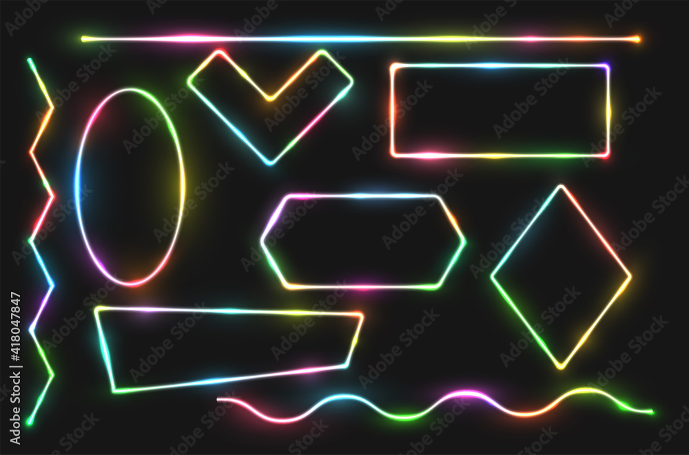 Abstract simple geometric shapes with realistic neon led backlighting behind isolated on black background. Template for banner, cover, poster. Vector illustration. Abstract simple geometric shapes with realistic neon led backlighting behind isolated on black background. Template for banner, cover, poster. Vector illustration.