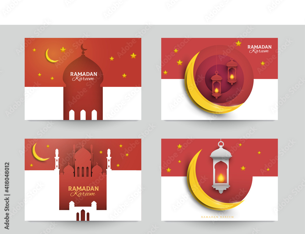 Naklejka premium Ramadan kareem islamic beautiful design template. Minimal composition in paper cut style. Set holiday background for branding greeting card, banner, cover, flyer or poster. Vector illustration.