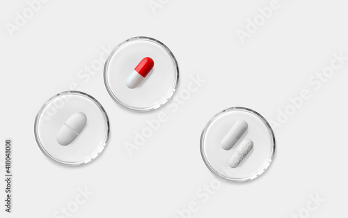 Red white, white and capsule with granules pills in glass transparent petri dish isolated 3d realistic vector illustration. Science and pharmaceutical laboratory concept. Painkiller and antibiotic