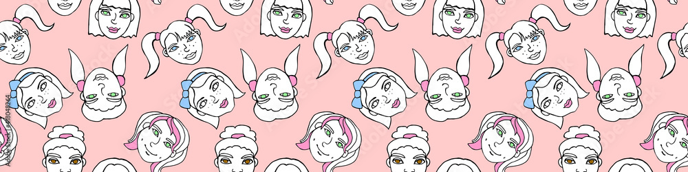 Seamless pattern with cartoon face vector people. Hand drawn illustration. Color head of women, girls. Texture backdrop Seamless pattern with cartoon face vector people. Hand drawn illustration. Color head of women, girls. Texture backdrop