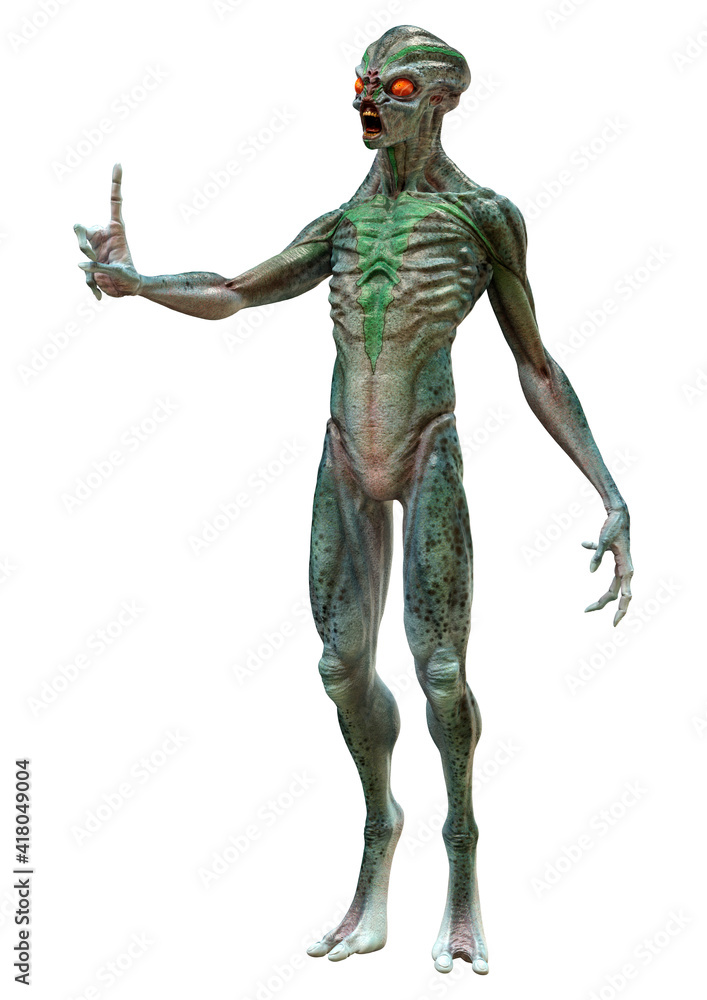 3D Rendering Green Alien on White 3D Rendering Green Alien on White