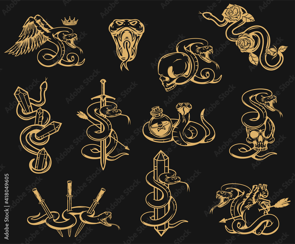 Set of hand drawn monochrome concept with poison snakes in vintage style. Design art composition for tattoo, print. Retro vector illustration isolated on black background. Set of hand drawn monochrome concept with poison snakes in vintage style. Design art composition for tattoo, print. Retro vector illustration isolated on black background.