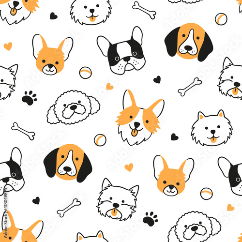 Seamless pattern with heads of different breeds dogs. Corgi, Beagle, Chihuahua, Terrier, Pomeranian. Texture with dog faces. Hand drawn vector illustration in doodle style on white background