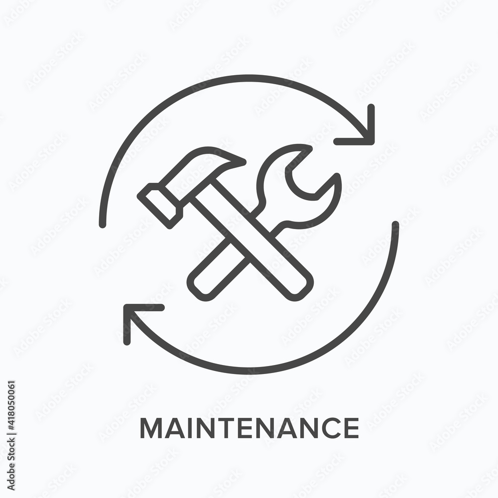 Maintenance flat line icon. Vector outline illustration of spanner, wrench and arrows. Black thin linear pictogram for restore preferences Maintenance flat line icon. Vector outline illustration of spanner, wrench and arrows. Black thin linear pictogram for restore preferences