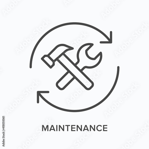 Maintenance flat line icon. Vector outline illustration of spanner, wrench and arrows. Black thin linear pictogram for restore preferences