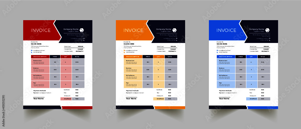 Invoice minimal design template. Bill form business invoice accounting. Modern and creative corporate business invoice template | Company business invoice template with color variation bundle