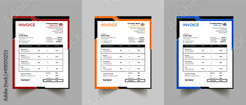 Invoice minimal design template. Bill form business invoice accounting. Modern and creative corporate business invoice template | Company business invoice template with color variation bundle