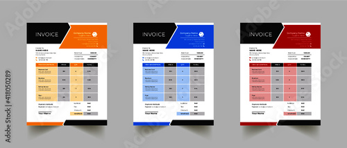 Invoice minimal design template. Bill form business invoice accounting. Modern and creative corporate business invoice template | Company business invoice template with color variation bundle