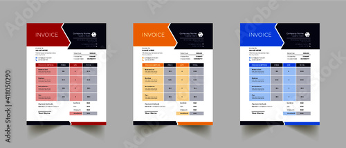 Invoice minimal design template. Bill form business invoice accounting. Modern and creative corporate business invoice template | Company business invoice template with color variation bundle