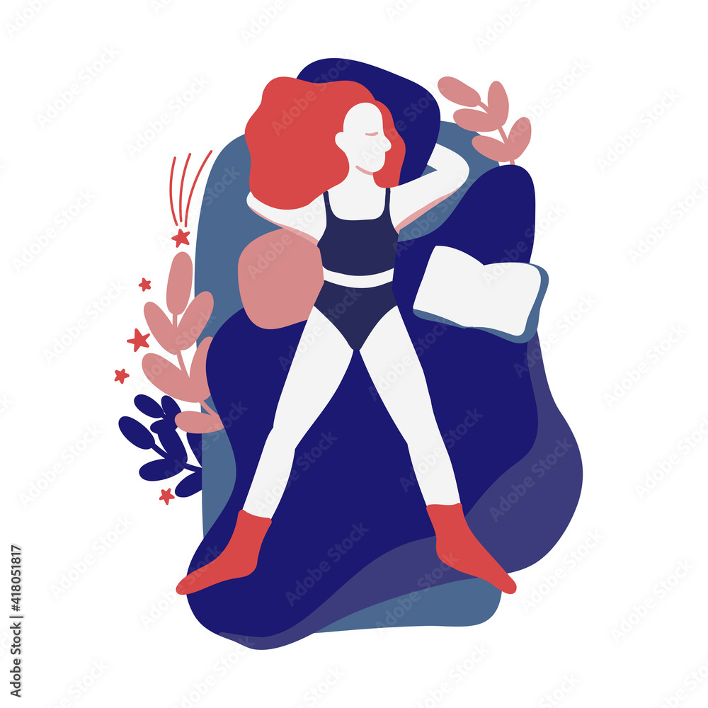 Woman sleep with book. Person rest in the bed on the pillow late at night. Peaceful dream and relax. Cute girl stay at home. Vector illustration in cartoon style.Clip art on white background Woman sleep with book. Person rest in the bed on the pillow late at night. Peaceful dream and relax. Cute girl stay at home. Vector illustration in cartoon style.Clip art on white background