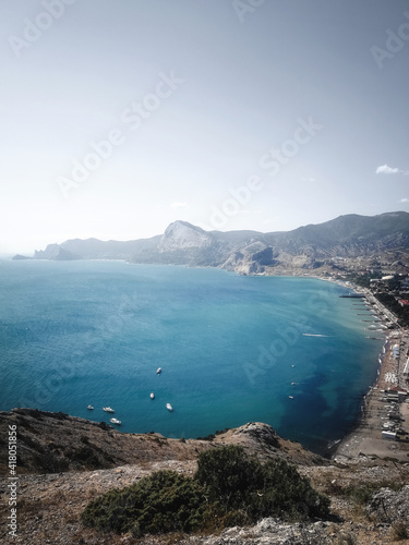 Panorama of the bay in the city of Sudak. Crimea, vertical landscape