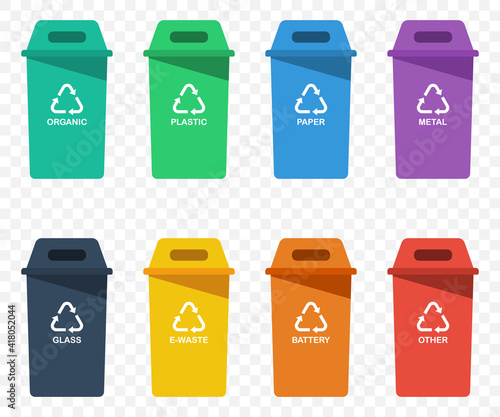 Recycle bins. Recycle garbage symbols. Separation recycle bins collection. Trash bin icons. Vector illustration