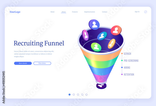 Recruiting funnel banner. Concept of organization hiring process, search and selection staff and employees to business. Vector landing page of recruitment system by few steps