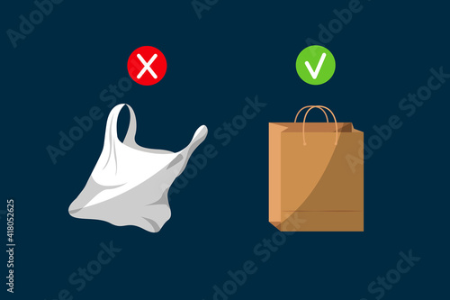 Plastic and paper eco bag. right eco-friendly shopping. Cross, check mark. right choice. No plastic packets allowed, use textile or paper sac. Vector illustration