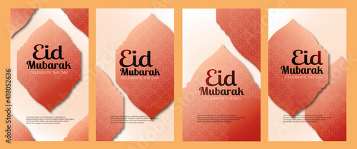 Template social media stories or status of Eid Mubarak greeting usually to celebrate the day after Ramadan fasting or Eid al Fitr or can be used for Eid al Adha as Muslim holy day.
