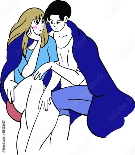 a cute and happy coupe is sitting romantically in a single blanket, the girl is looking at him