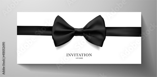 Premium VIP Invitation template with with black tie (bow butterfly) on white background. Luxury design for event invite, formal reception, Gift certificate, Voucher or Gift card