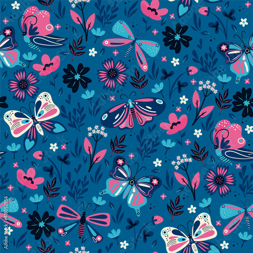 Seamless pattern with pink and blue butterflies and flowers. Vector graphics.