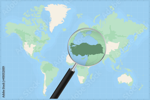 Map of the world with a magnifying glass on a map of Turkey.