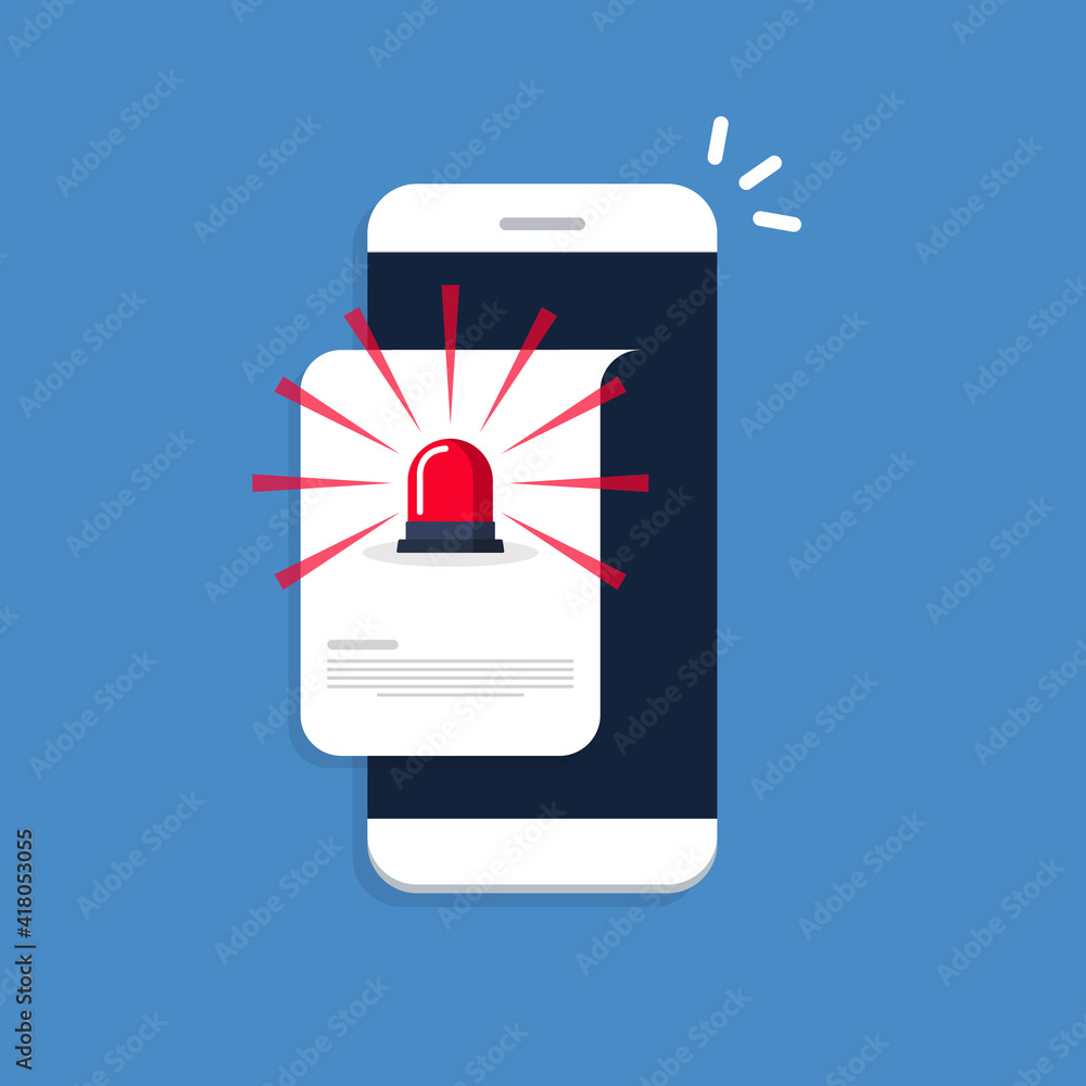 Vecteur Stock Mobile phone alarm. Alert file icon or caution message.  Smartphone notification with danger siren flasher. Risk, attention, warning  or safety concept. Flat style vector illustration. | Adobe Stock