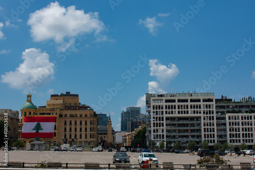 Beirut Martyrs square with demolished building and parking lot after an explosion in August 2020