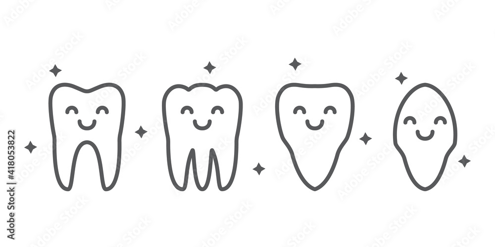 Set teeth happy faces characters simple contour line healthy tooth sign icon vector illustration. Set teeth happy faces characters simple contour line healthy tooth sign icon vector illustration.