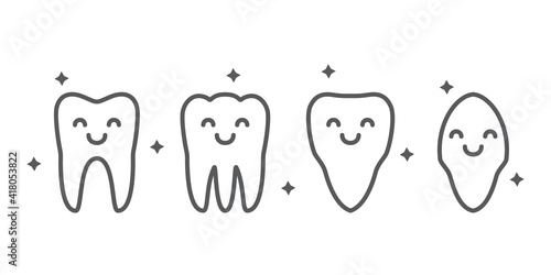 Set teeth happy faces characters simple contour line healthy tooth sign icon vector illustration.