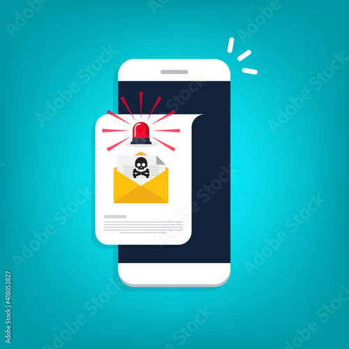 Red alert flasher and email, envelope with black document and skull icon notification on a smart phone. Virus, malware, email fraud, e-mail spam, phishing scam, hacker attack concept. 	
