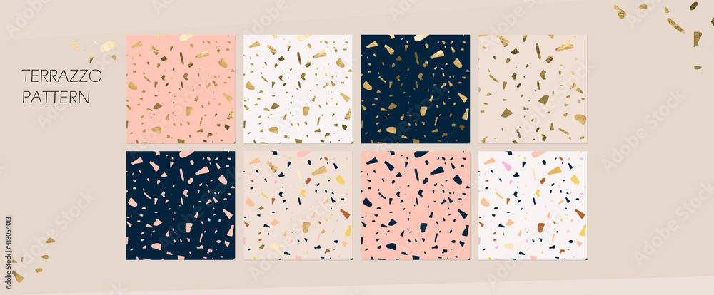 marble terrazzo trend pattern. background in nude peach neutral colors. stone quartz gold granite texture. for interior design, architecture, beauty, cosmetics, fashion content. minimalist vector