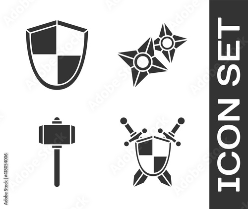 Set Medieval shield with crossed swords, Shield, Battle hammer and Japanese ninja shuriken icon. Vector.