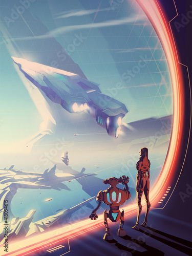 a woman and robot looking outside the window that has the massive starship is flying up and the urban scenery on another planet.