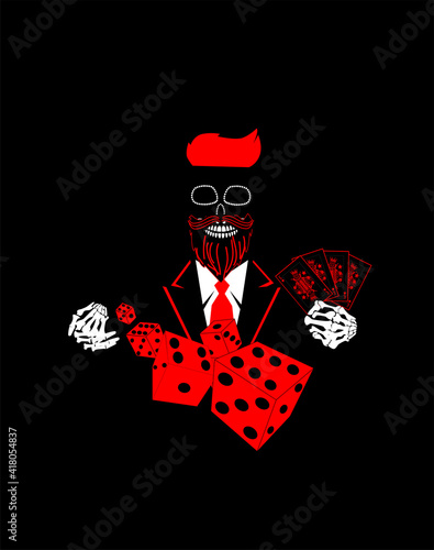 Casino background with hipster skull  in tuxedo and dices. Vector red color.