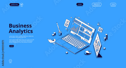 Business analytics isometric landing page. Financial marketing, online trading and investment, automation. Laptop with digital analysis data charts, statistics diagrams, 3d vector line art web banner