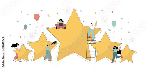 Five stars concept. Victory. Reward, success. High mark. First place. Prize laureate. People rejoice at the success of the five-star rating. Flat isometric vector illustration isolated on white