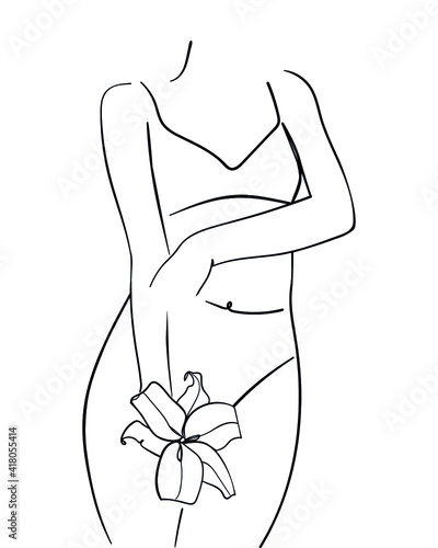 Beautiful woman body with lily flower, line Art. Concept of body care. - Vector illustration