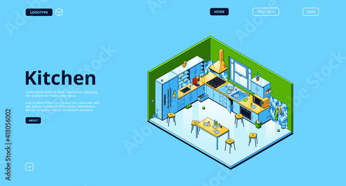 Home kitchen isometric landing page, empty interior with appliances for cooking and furniture, served table, oven, range hood, refrigerator and utensil. Cozy dining room. 3d vector line art web banner