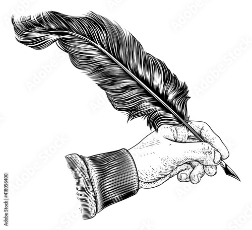 A hand holding writing with a quill feather antique ink pen. In a retro vintage engraved or etched woodcut print style.