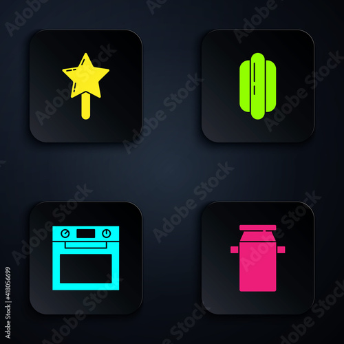 Set Can container for milk, Lollipop, Oven and Hotdog sandwich. Black square button. Vector.