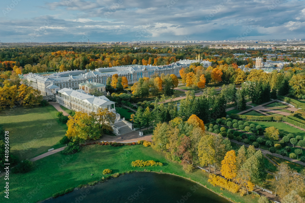 Aerial view of the Catherine Park with a large pond in Tsarskoe Selo. Pushkin. Catherine Palace. Cameronov Gallery.Russia, Pushkin, 09.09.2020