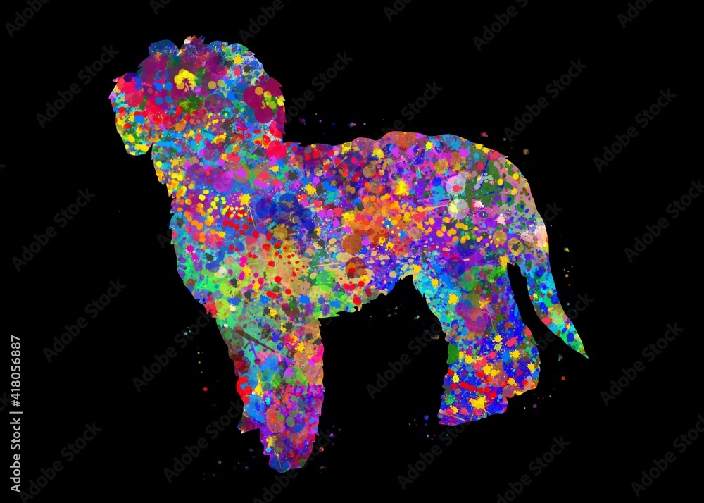 Goldendoodle Dog watercolor, black background, abstract painting. Watercolor illustration rainbow, colorful, decoration wall art.