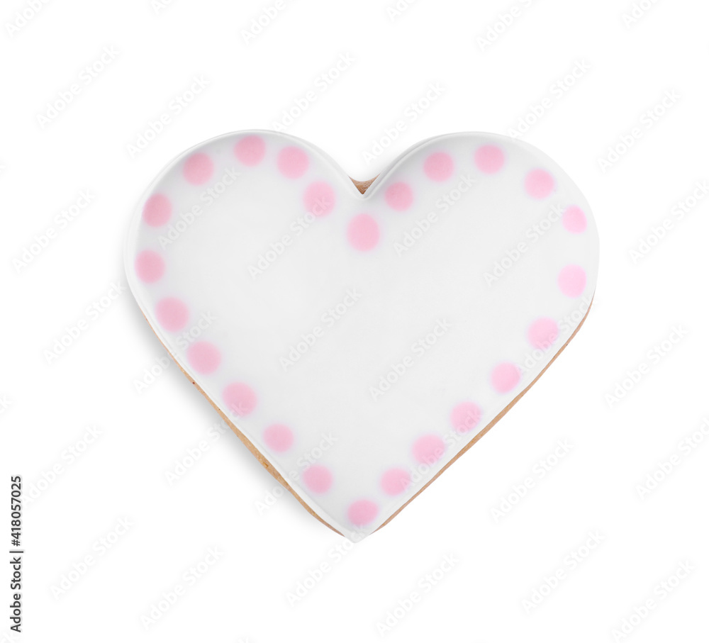 Delicious heart shaped cookie isolated on white, top view. Valentine's Day