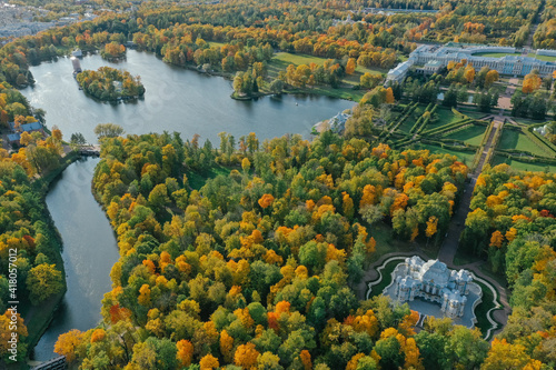 Aerial view of the Catherine Park with a large pond in Tsarskoe Selo. Pushkin. Catherine Palace. Hermitage pavilion. Russia, Pushkin, 09.09.2020