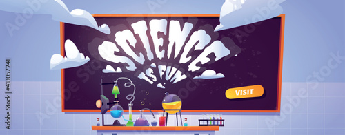 Science lab banner for study and chemistry experiments for kids. Vector landing page of education presentation of scientific research. Cartoon illustration of chemical laboratory with flasks and tubes