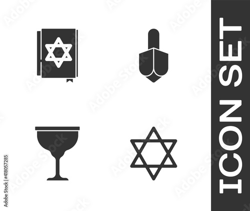 Set Star of David, Jewish torah book, goblet and Hanukkah dreidel icon. Vector.