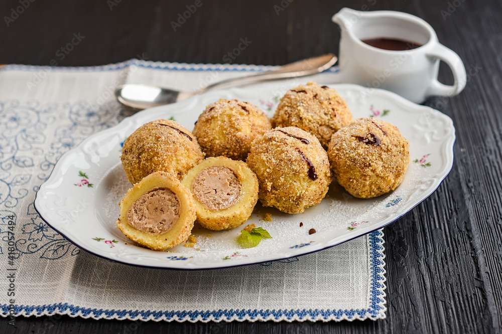 Chestnut dumplings with chocolate sauce Chestnut dumplings with chocolate sauce