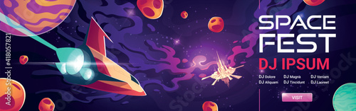 Space fest cartoon web banner, invitation to music show or concert with dj performance. Shuttle and alien station in galaxy with planets. Cosmos, universe fantasy background, vector illustration