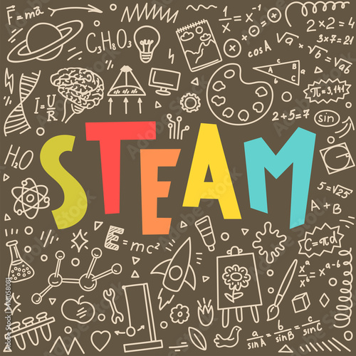 STEAM. Science, technology, engineering, art, mathematics. Education doodles and hand written word "STEAM"